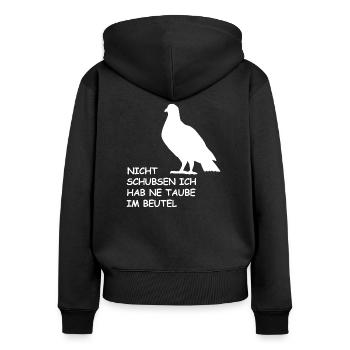 Taube im Beutel weiß - Frauen Premium Bio Zip Hoodie - Schwarz - Hinten - Julia (174cm)