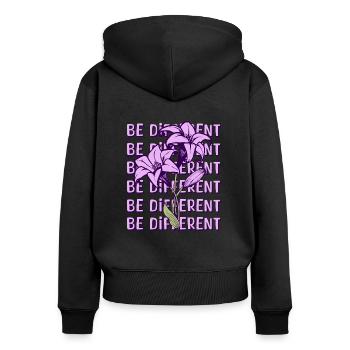 BE DIFFERENT – Fleurs de lys violets Botanique - Sweat à capuche zippé Premium bio Femme - noir - Dos - Julia (174cm)