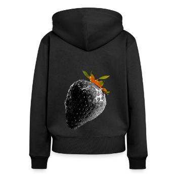 Erdbeere, blau, popart, kunst,artwork,schwarz - Frauen Premium Bio Zip Hoodie - Schwarz - Hinten - Julia (174cm)