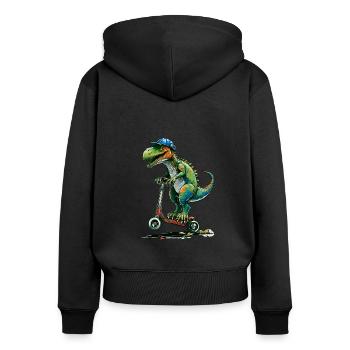 Dinosaurier auf Stuntscooter - Frauen Premium Bio Zip Hoodie - Schwarz - Hinten - Julia (174cm)