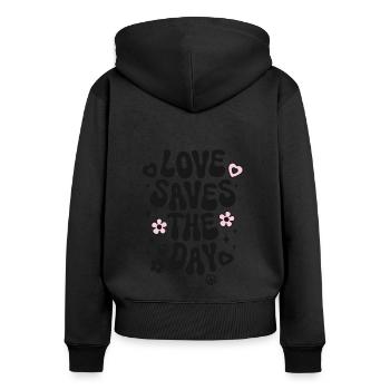 Love saves the day Liebe Spruch Retro Peace - Frauen Premium Bio Zip Hoodie - Schwarz - Hinten - Julia (174cm)