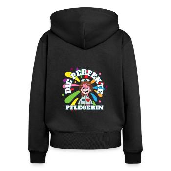 Altenpflege, fröhliche Pflegerin, bunt, Senioren - Frauen Premium Bio Zip Hoodie - Schwarz - Hinten - Julia (174cm)