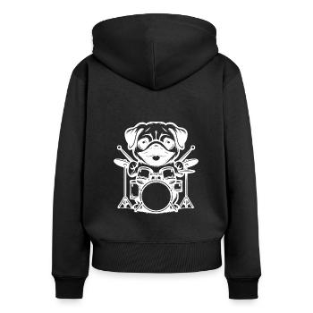 Cute Pug Drummer In White - Women's Premium Organic Zip Hoodie - black - Back - Julia (174cm)