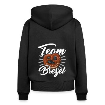 Team Brezel Spruch - Frauen Premium Bio Zip Hoodie - Schwarz - Hinten - Julia (174cm)