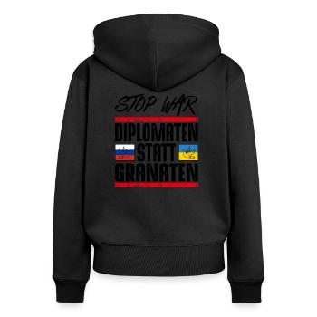 NO WAR - Frauen Premium Bio Zip Hoodie - Schwarz - Hinten - Julia (174cm)