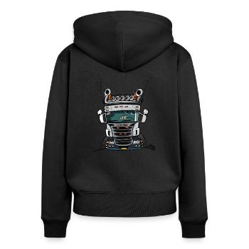 0323 S camion bas gris blanc bleu - Sweat à capuche zippé Premium bio Femme - noir - Dos - Julia (174cm)