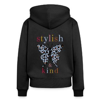Butterfly - stylish and kind - Frauen Premium Bio Zip Hoodie - Schwarz - Hinten - Julia (174cm)
