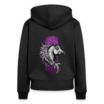 Skurrile Eleganz: Rosa gefiedertes Pferd - Frauen Premium Bio Zip Hoodie - Schwarz - Hinten - Julia (174cm)
