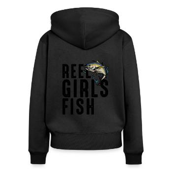 Reel Girls Fish Femelle Femmes Pêche au thon Rétro - Sweat à capuche zippé Premium bio Femme - noir - Dos - Julia (174cm)