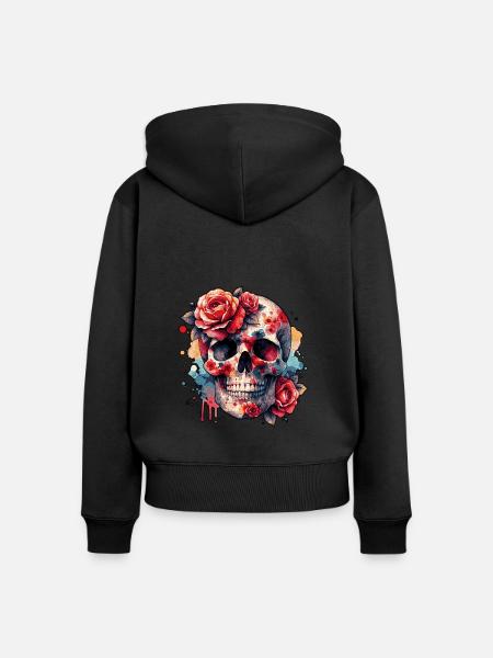 Blume Schädel - Frauen Premium Bio Zip Hoodie - Schwarz