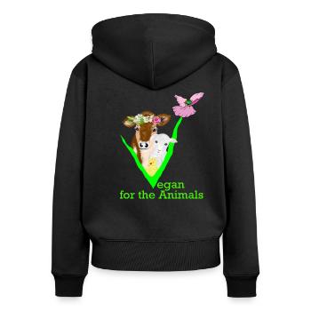 Vegan for the Animals - Frauen Premium Bio Zip Hoodie - Schwarz - Hinten - Julia (174cm)