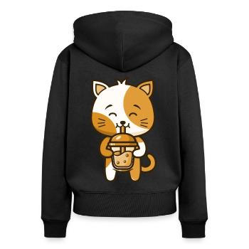 A funny cat kitten drinks Boba Tea Bubble - Women's Premium Organic Zip Hoodie - black - Back - Julia (174cm)