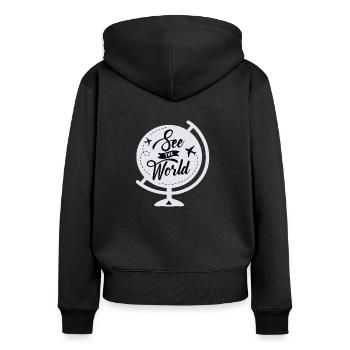 See The World - Women's Premium Organic Zip Hoodie - black - Back - Julia (174cm)