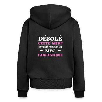 t-shirt humour meuf pris par un mec fantastique - Sweat à capuche zippé Premium bio Femme - noir - Dos - Julia (174cm)