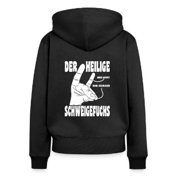 Der heilige Schweigefuchs Ohren gespitzt - Frauen Premium Bio Zip Hoodie - Schwarz - Hinten - Julia (174cm)
