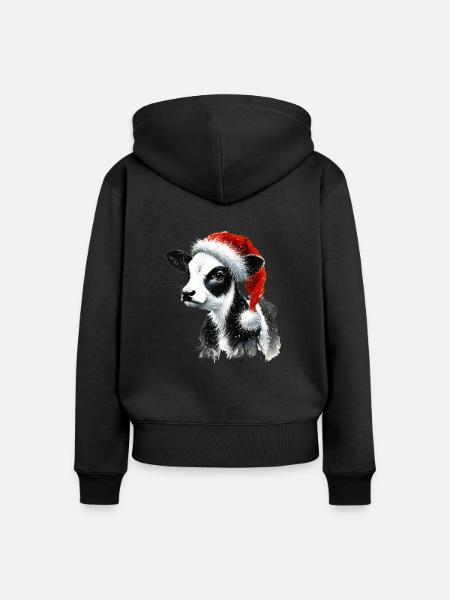 Weihnachtskalb mit Nikolausmütze - Frauen Premium Bio Zip Hoodie - Schwarz