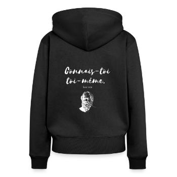 Citation blanche " Connais toi toi même " Socrate - Sweat à capuche zippé Premium bio Femme - noir - Dos - Julia (174cm)