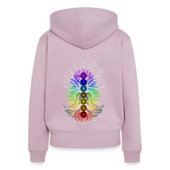 Harmonie des chakras - Sweat à capuche zippé Premium bio Femme - rose poudré - Dos - Julia (174cm)