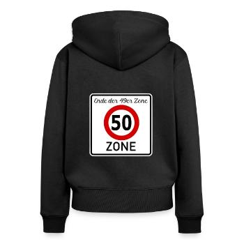 50.Geburtstag - 50er Zone - Frauen Premium Bio Zip Hoodie - Schwarz - Hinten - Julia (174cm)