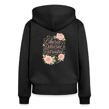 Libérée Délivrée Retraitée – Floral Chic - Sweat à capuche zippé Premium bio Femme - noir - Dos - Julia (174cm)