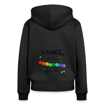 Danke, dass Du uns wachsen geholfen hast! Raupe - Frauen Premium Bio Zip Hoodie - Schwarz - Hinten - Julia (174cm)