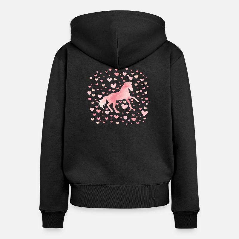 Grande cavallo camicia ragazze bambini cuori cavallo - Felpa con cappuccio con zip ecologica premium da donna - nero