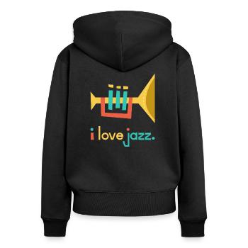 J’adore le jazz - j’aime les musiciens de trompette de jazz - Sweat à capuche zippé Premium bio Femme - noir - Dos - Julia (174cm)