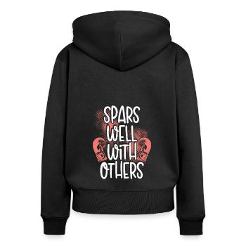 Spart Gut Mit Anderen - Frauen Premium Bio Zip Hoodie - Schwarz - Hinten - Julia (174cm)