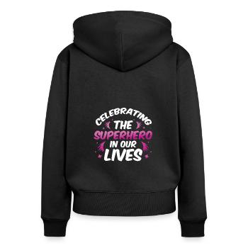 Wir feiern die Superhelden - Frauen Premium Bio Zip Hoodie - Schwarz - Hinten - Julia (174cm)
