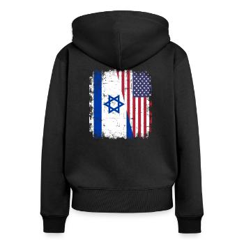 Israel USA - Frauen Premium Bio Zip Hoodie - Schwarz - Hinten - Julia (174cm)