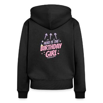 Drôle d’anniversaire - Cadeau - Tenue de fête - Sweat à capuche zippé Premium bio Femme - noir - Dos - Julia (174cm)