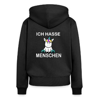 Ich hasse Menschen Einhorn - Frauen Premium Bio Zip Hoodie - Schwarz - Hinten - Julia (174cm)