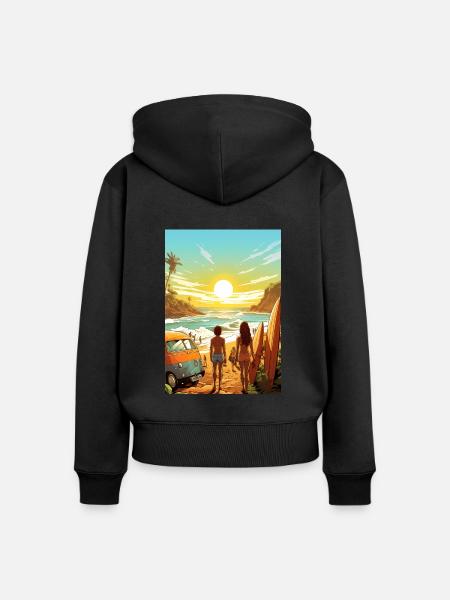 Strandszene mit Surfbrett - Frauen Premium Bio Zip Hoodie - Schwarz