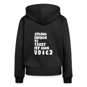Force du féminisme - Sweat à capuche zippé Premium bio Femme - noir - Dos - Julia (174cm)