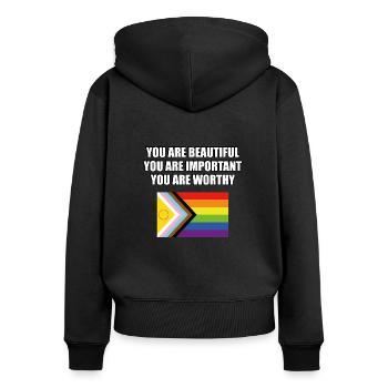 Intersex Inclusive Pride Progress Pride Flag - Women's Premium Organic Zip Hoodie - black - Back - Julia (174cm)