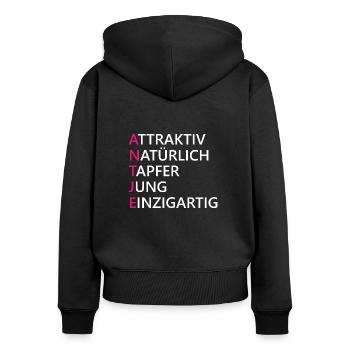 Antje Name Geschenk - Frauen Premium Bio Zip Hoodie - Schwarz - Hinten - Julia (174cm)