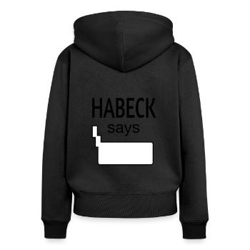 HABECK says - Frauen Premium Bio Zip Hoodie - Schwarz - Hinten - Julia (174cm)