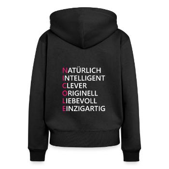 Nicole Name Geschenk - Frauen Premium Bio Zip Hoodie - Schwarz - Hinten - Julia (174cm)