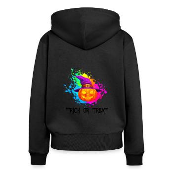 Halloween Geschenkidee Kürbis Trick or Treat - Frauen Premium Bio Zip Hoodie - Schwarz - Hinten - Julia (174cm)