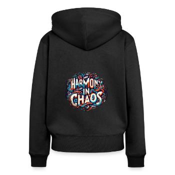Harmonie im Chaos - Musiktypografie - Frauen Premium Bio Zip Hoodie - Schwarz - Hinten - Julia (174cm)