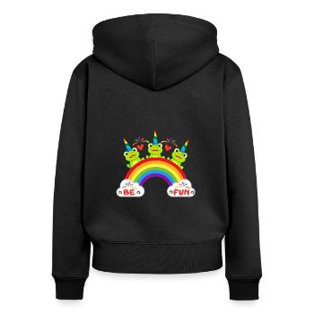 Happy Frog Be Fun message positif gai coloré 3 - Sweat à capuche zippé Premium bio Femme - noir - Dos - Julia (174cm)