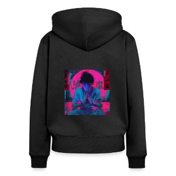 80er Jahre Anime Typ beruhigender hochwertiger Modedruck - Frauen Premium Bio Zip Hoodie - Schwarz - Hinten - Julia (174cm)