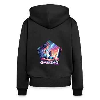 Gaming MumEmblem Schriftzug - Frauen Premium Bio Zip Hoodie - Schwarz - Hinten - Julia (174cm)