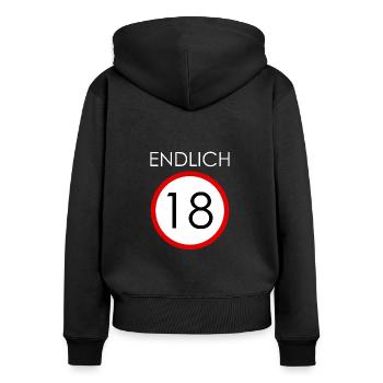 ENDLICH 18 - Frauen Premium Bio Zip Hoodie - Schwarz - Hinten - Julia (174cm)