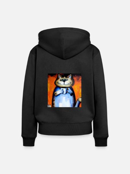 grinsende Katze mit ihrem Kaffee - Frauen Premium Bio Zip Hoodie - Schwarz