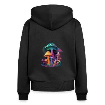 TRIPPY MUSHROOMS - Frauen Premium Bio Zip Hoodie - Schwarz - Hinten - Julia (174cm)