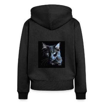 Blauäugige schwarze Katze mit Kuss - Frauen Premium Bio Zip Hoodie - Schwarz - Hinten - Julia (174cm)