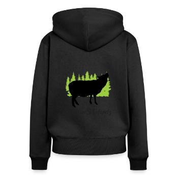 "Wolf im Schafspelz: Täuschend charmant" - Frauen Premium Bio Zip Hoodie - Schwarz - Hinten - Julia (174cm)