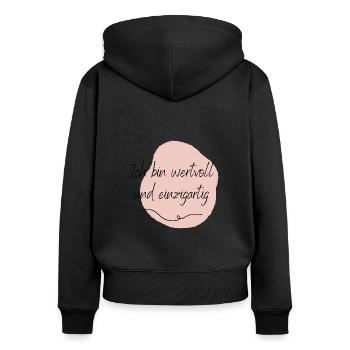 Ich bin wertvoll und einzigartig - Frauen Premium Bio Zip Hoodie - Schwarz - Hinten - Julia (174cm)