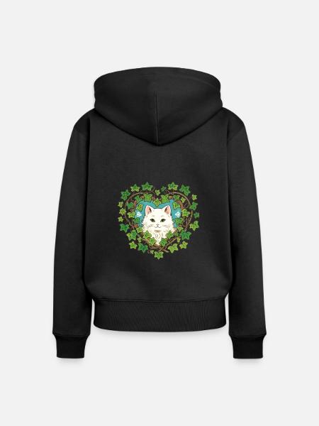 Weiße Katze Efeu - Frauen Premium Bio Zip Hoodie - Schwarz